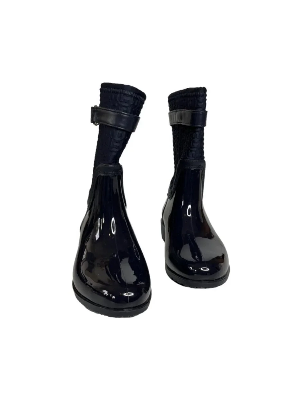 Tommy Hilfiger Rubber Rain Boots Patterned Textile Upper Gold Buckle Size 6 Blue